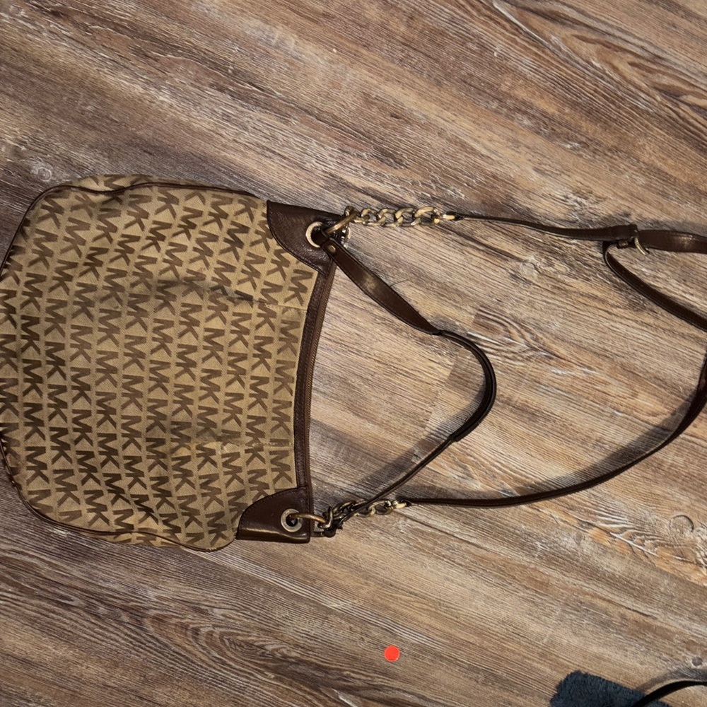 Michael Kors Tan and Brown MK Logo Shoulder Bag with Chain Detail